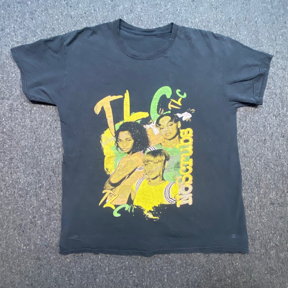 TLC No Scrubs Graphic‎ T Shirt Large L Mens Black 90s R&B Streetwear Faded Tee